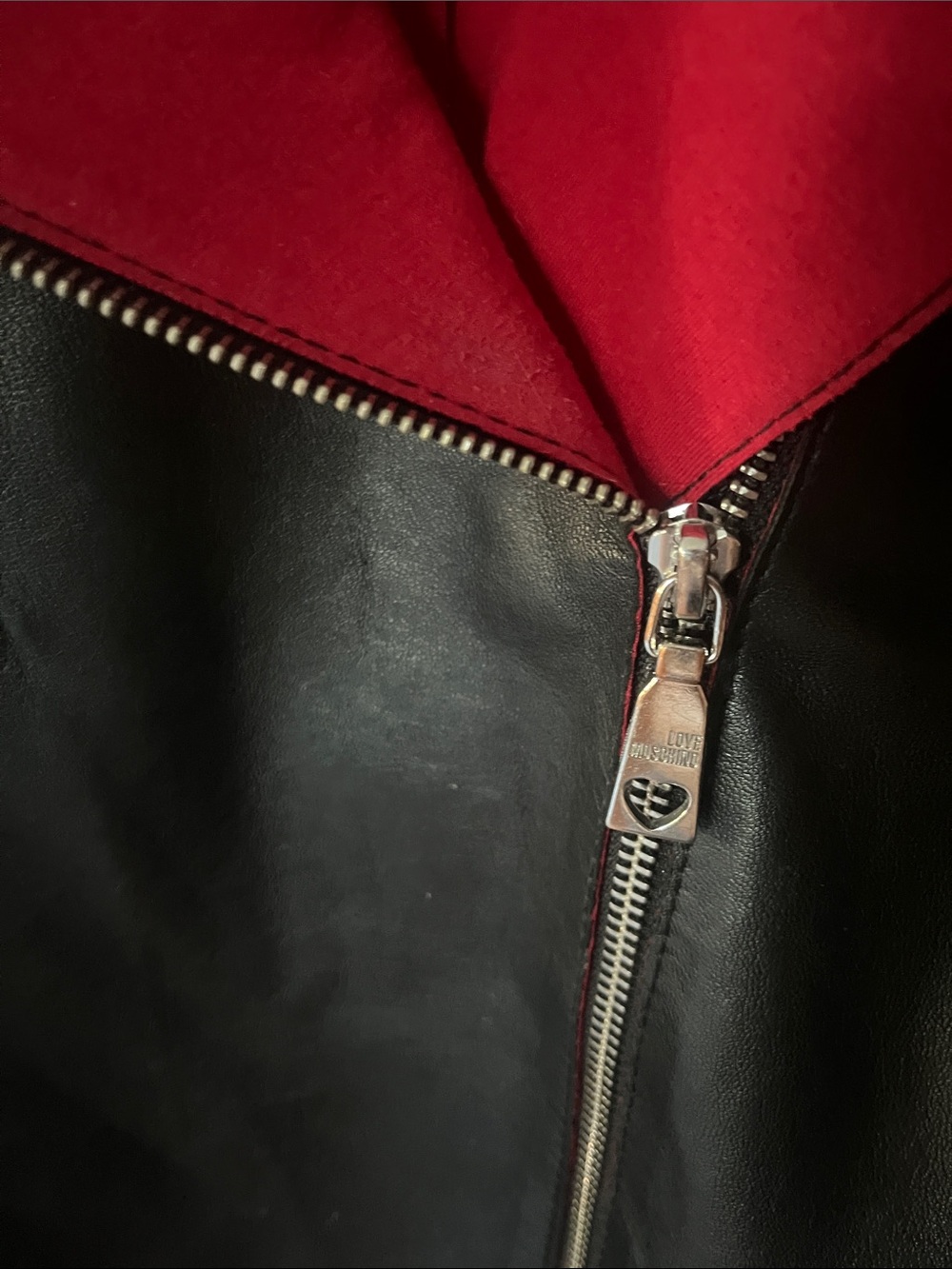 Love Moschino Lamb Leather Short Sleeve Jacket with Red Lining and Zipper Detail